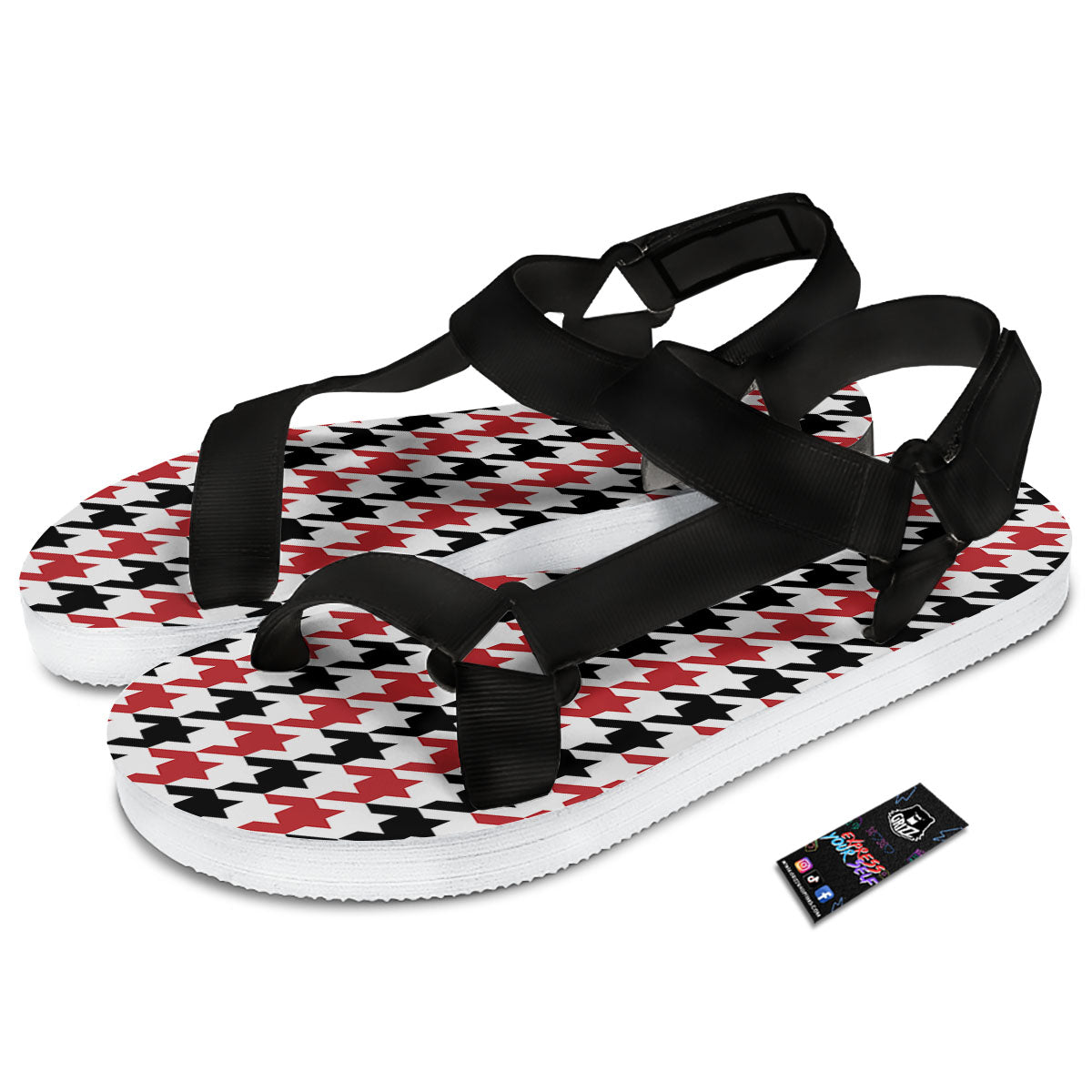 Houndstooth Black And Red Print Pattern Black Open Toe Sandals-grizzshop