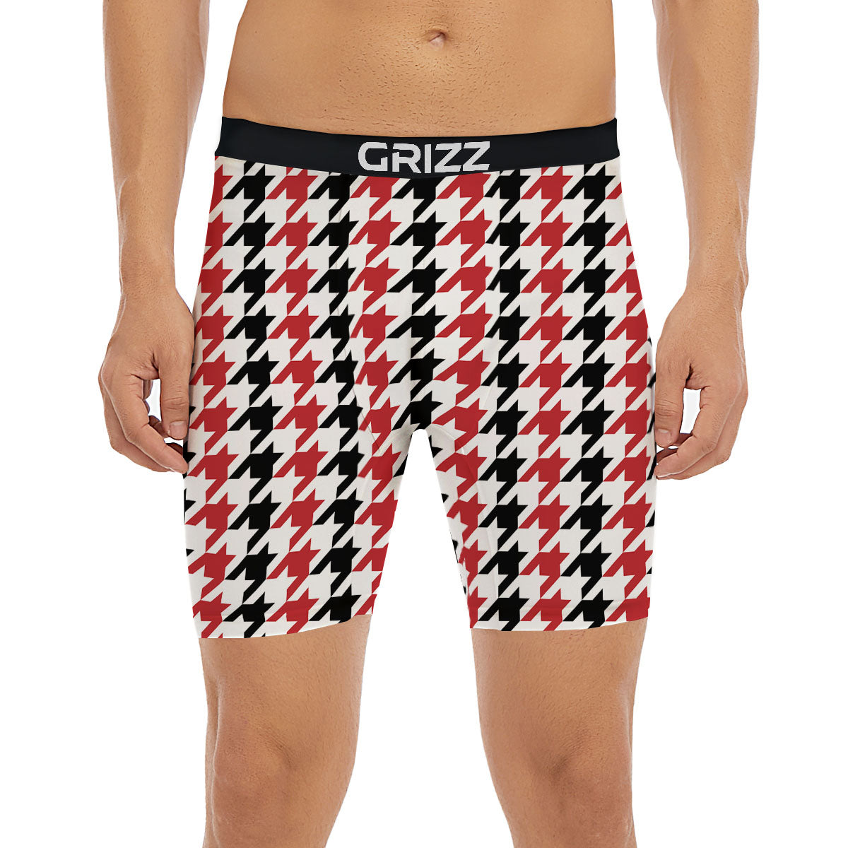Houndstooth Black And Red Print Pattern Boxer Briefs-grizzshop