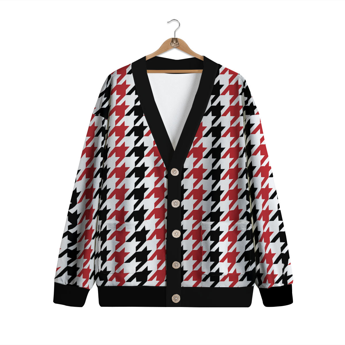 Houndstooth Black And Red Print Pattern Cardigan-grizzshop