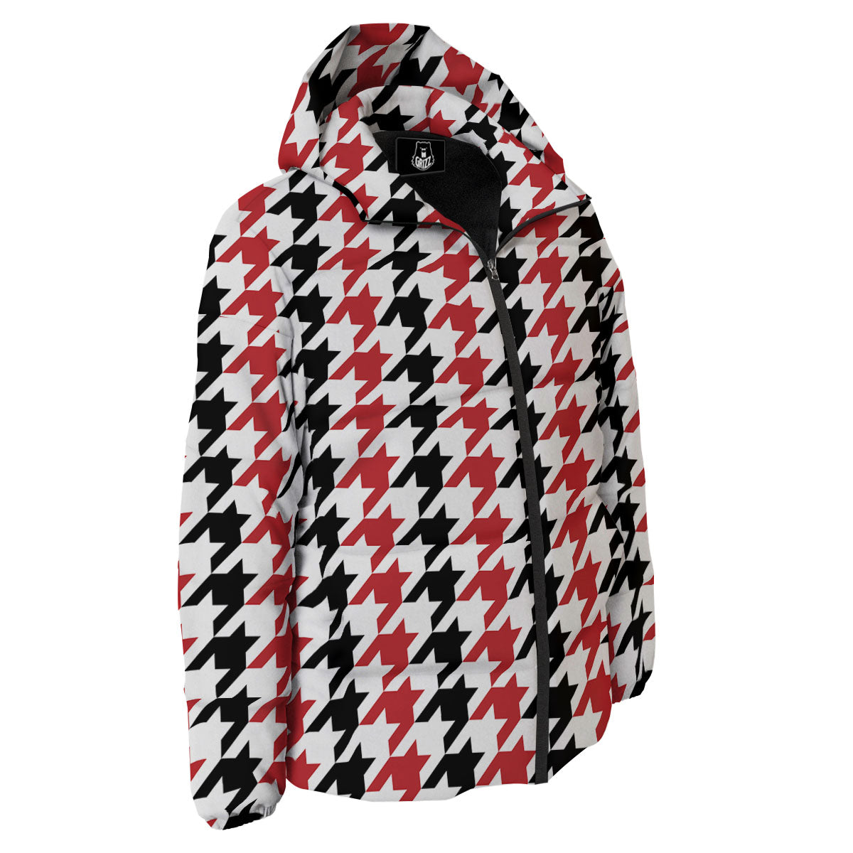 Houndstooth Black And Red Print Pattern Down Jacket-grizzshop