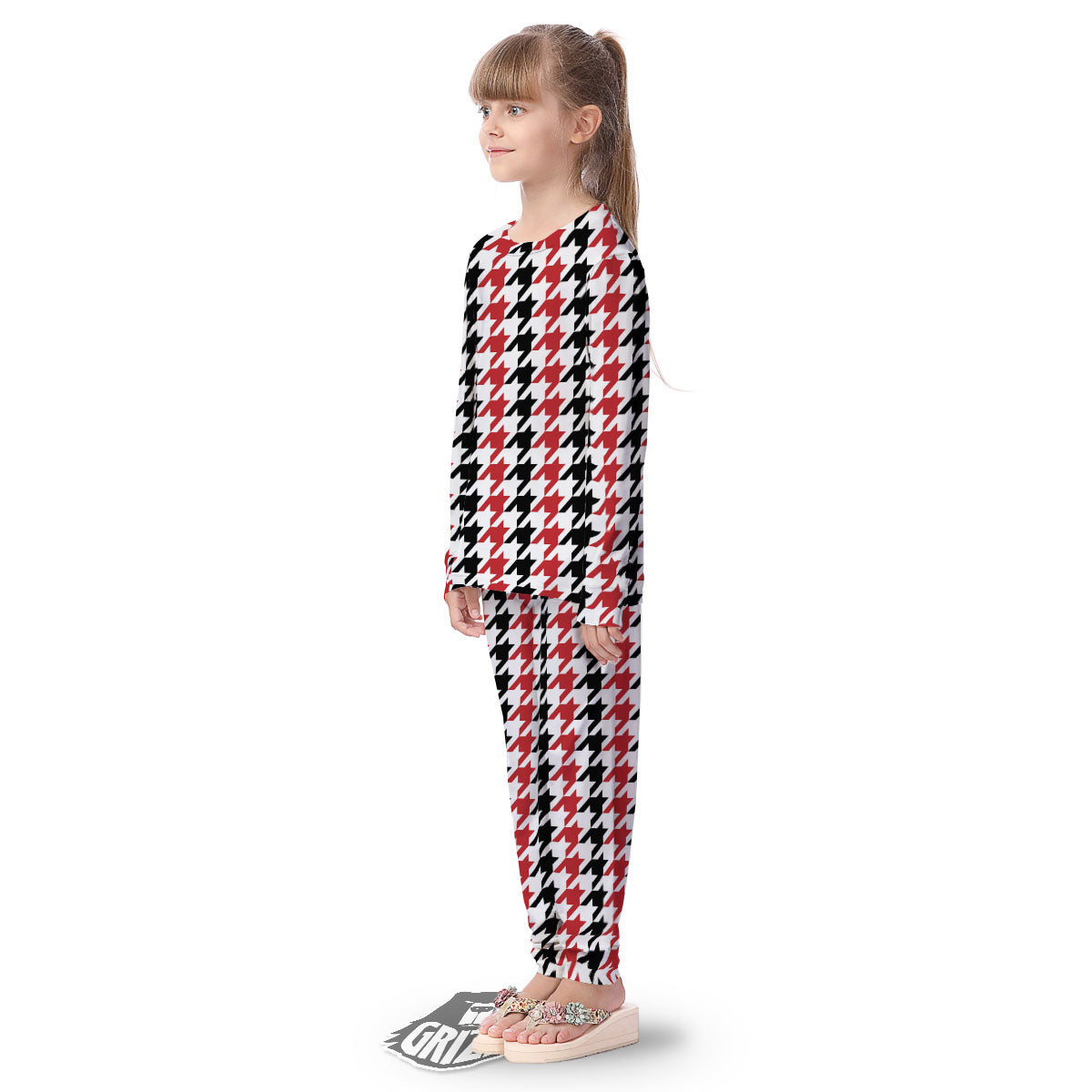 Houndstooth Black And Red Print Pattern Kid's Pajamas-grizzshop