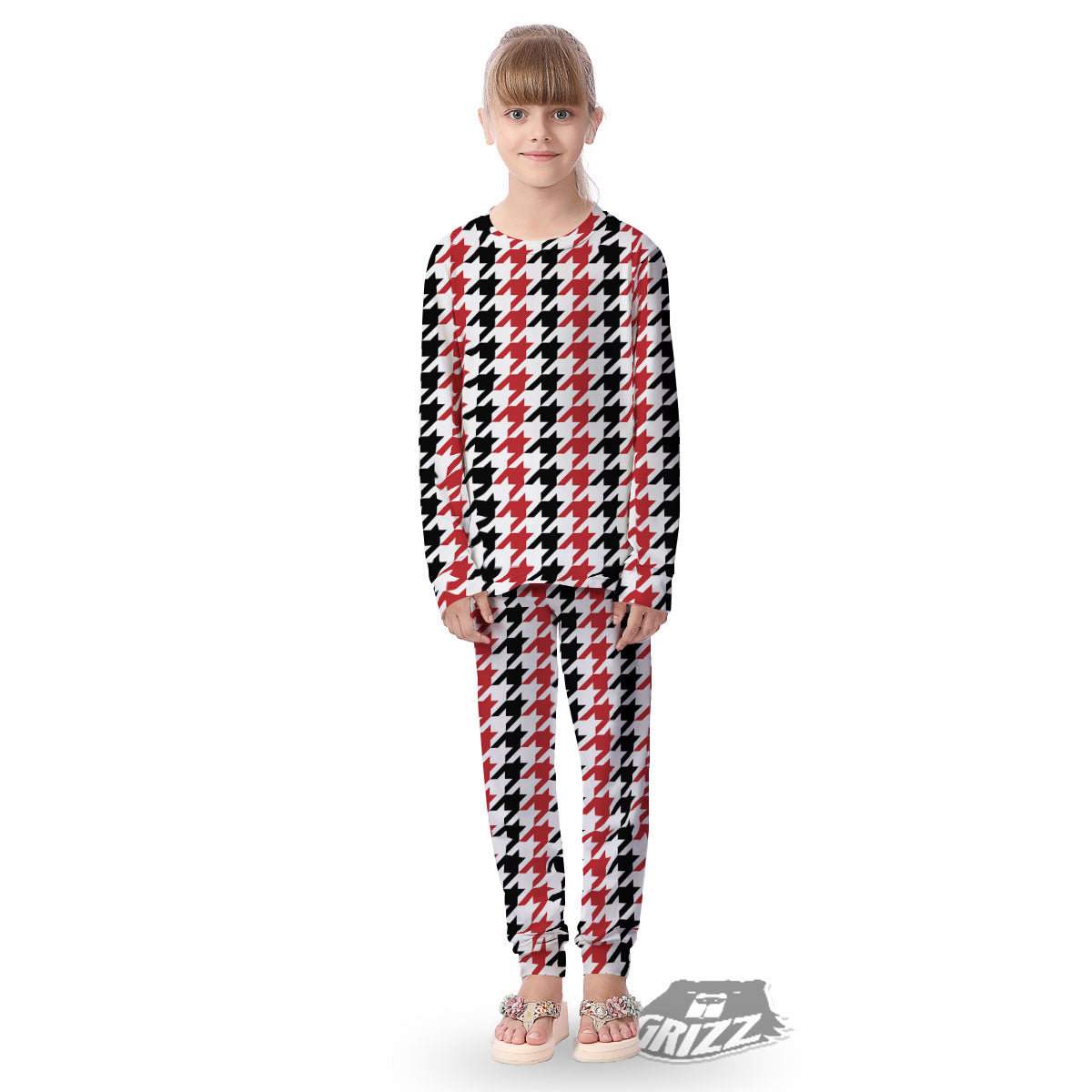 Houndstooth Black And Red Print Pattern Kid's Pajamas-grizzshop