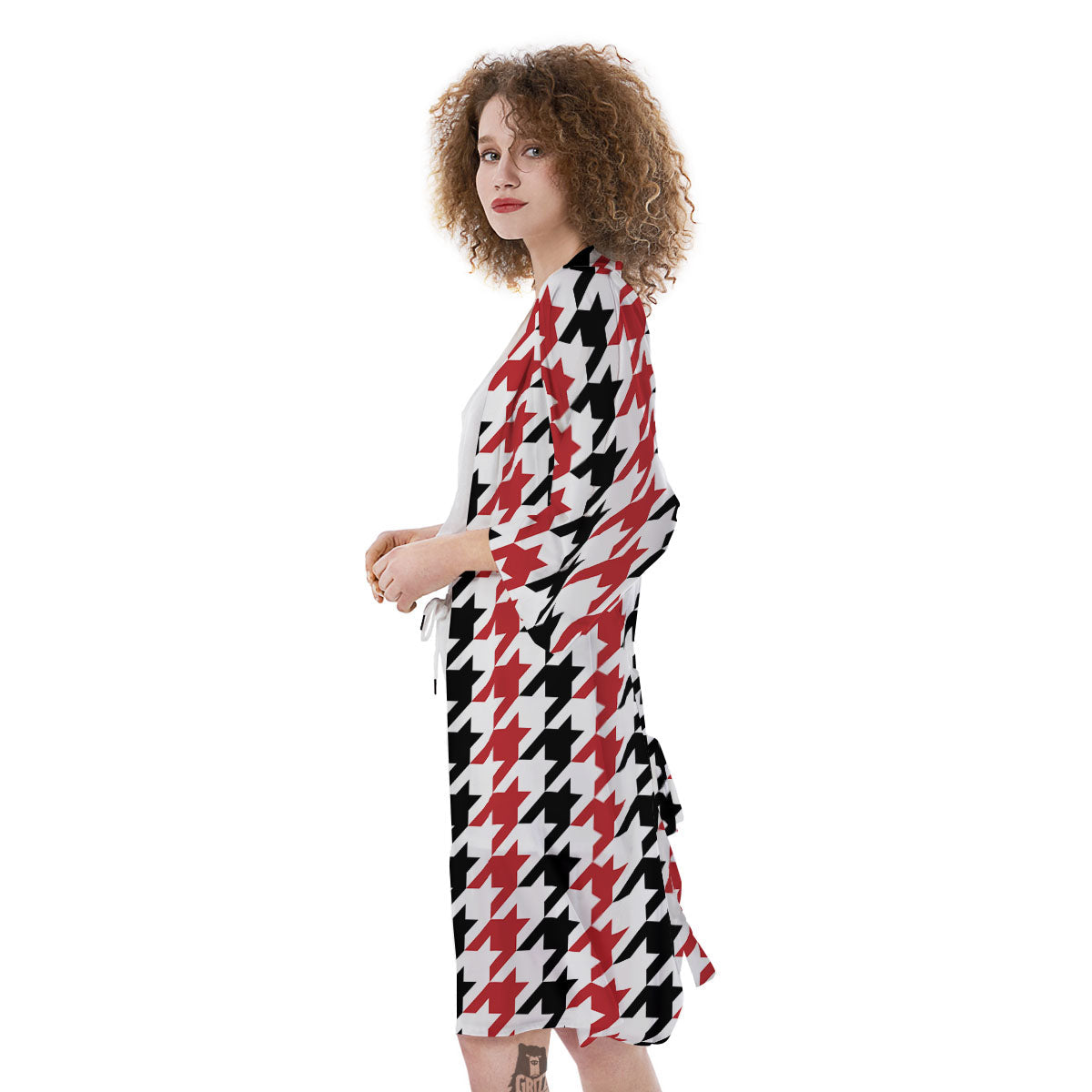 Houndstooth Black And Red Print Pattern Kimono-grizzshop