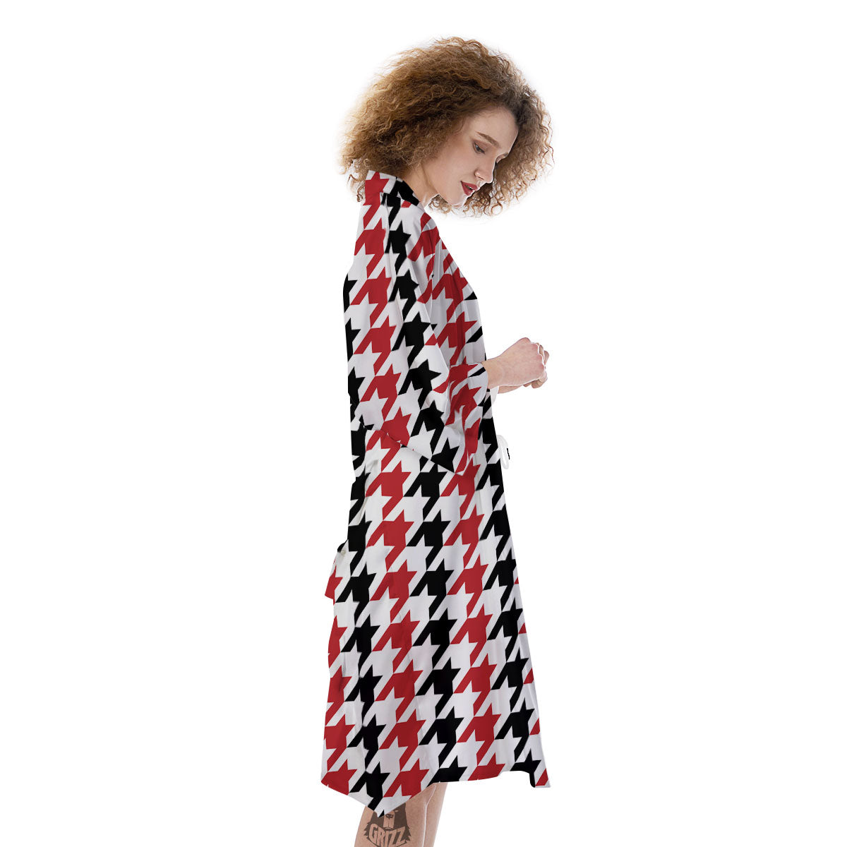 Houndstooth Black And Red Print Pattern Kimono-grizzshop