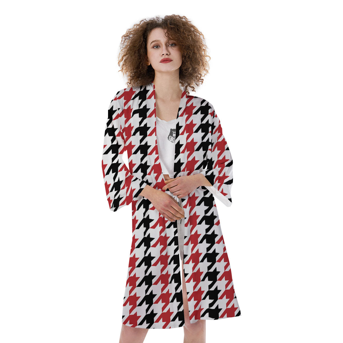Houndstooth Black And Red Print Pattern Kimono-grizzshop