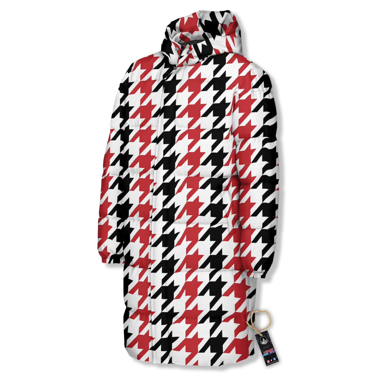 Houndstooth Black And Red Print Pattern Long Down Jacket-grizzshop