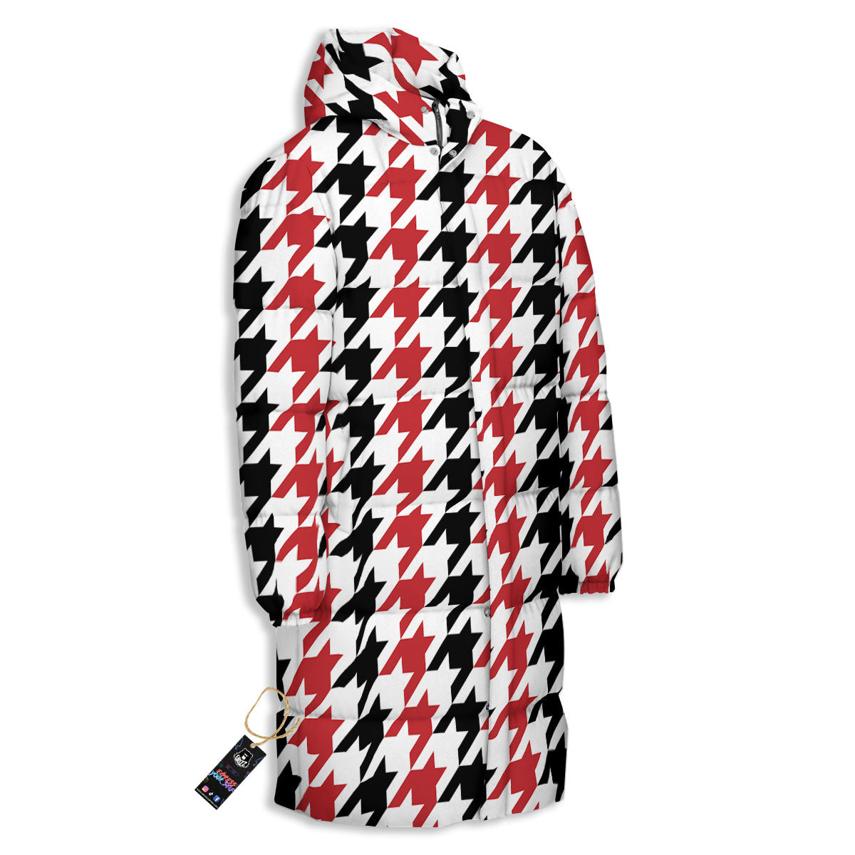 Houndstooth Black And Red Print Pattern Long Down Jacket-grizzshop