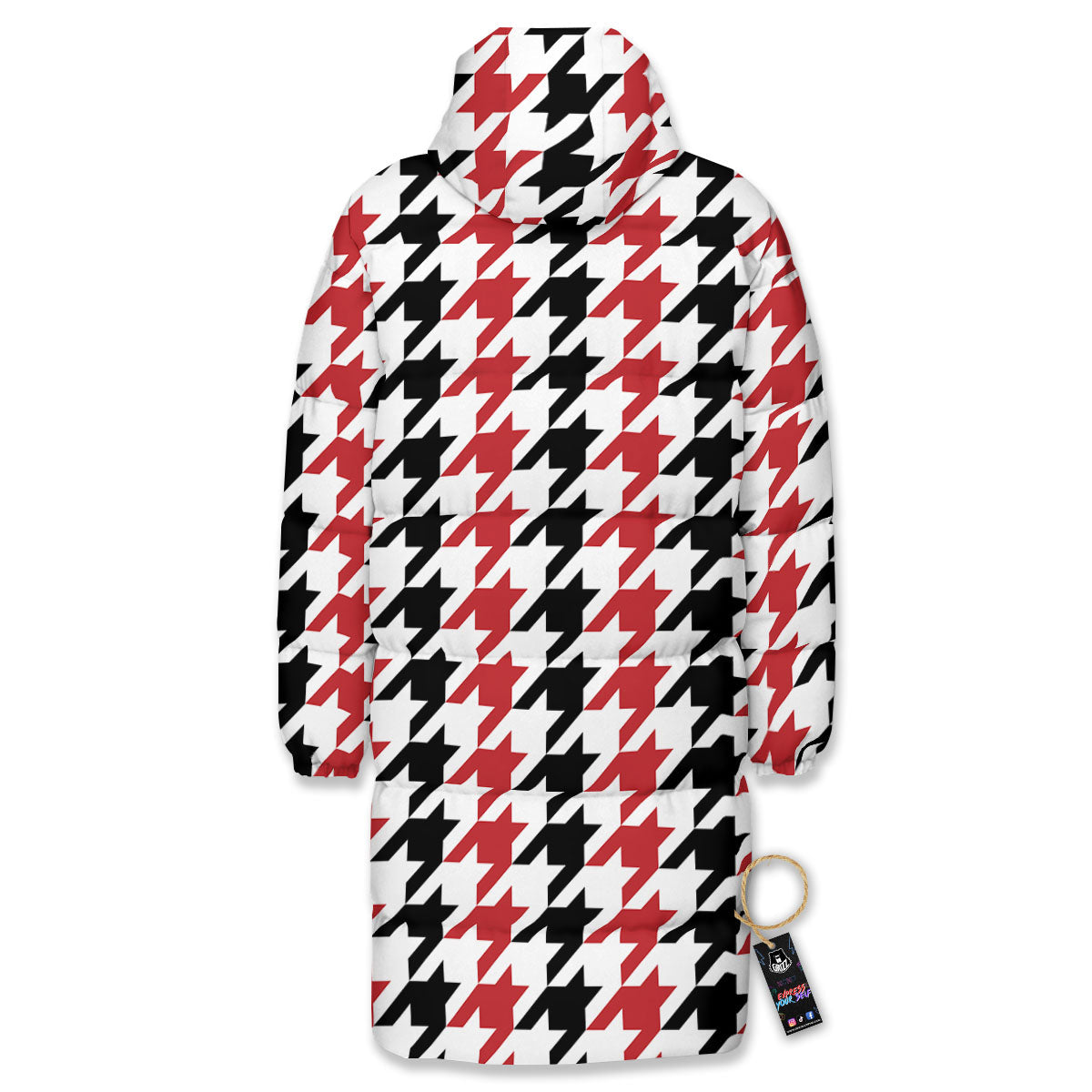 Houndstooth Black And Red Print Pattern Long Down Jacket-grizzshop