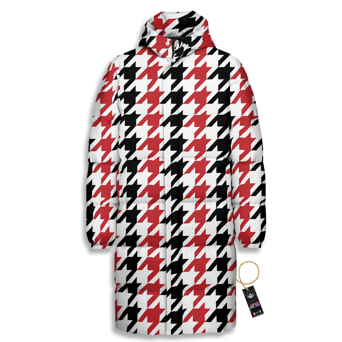 Houndstooth Black And Red Print Pattern Long Down Jacket-grizzshop