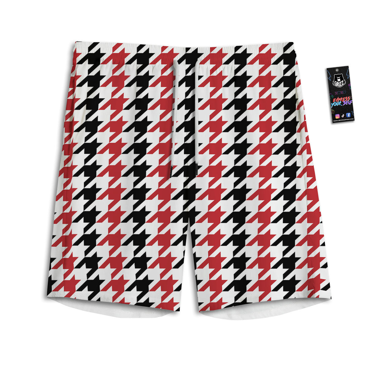 Houndstooth Black And Red Print Pattern Men's Athletic Shorts