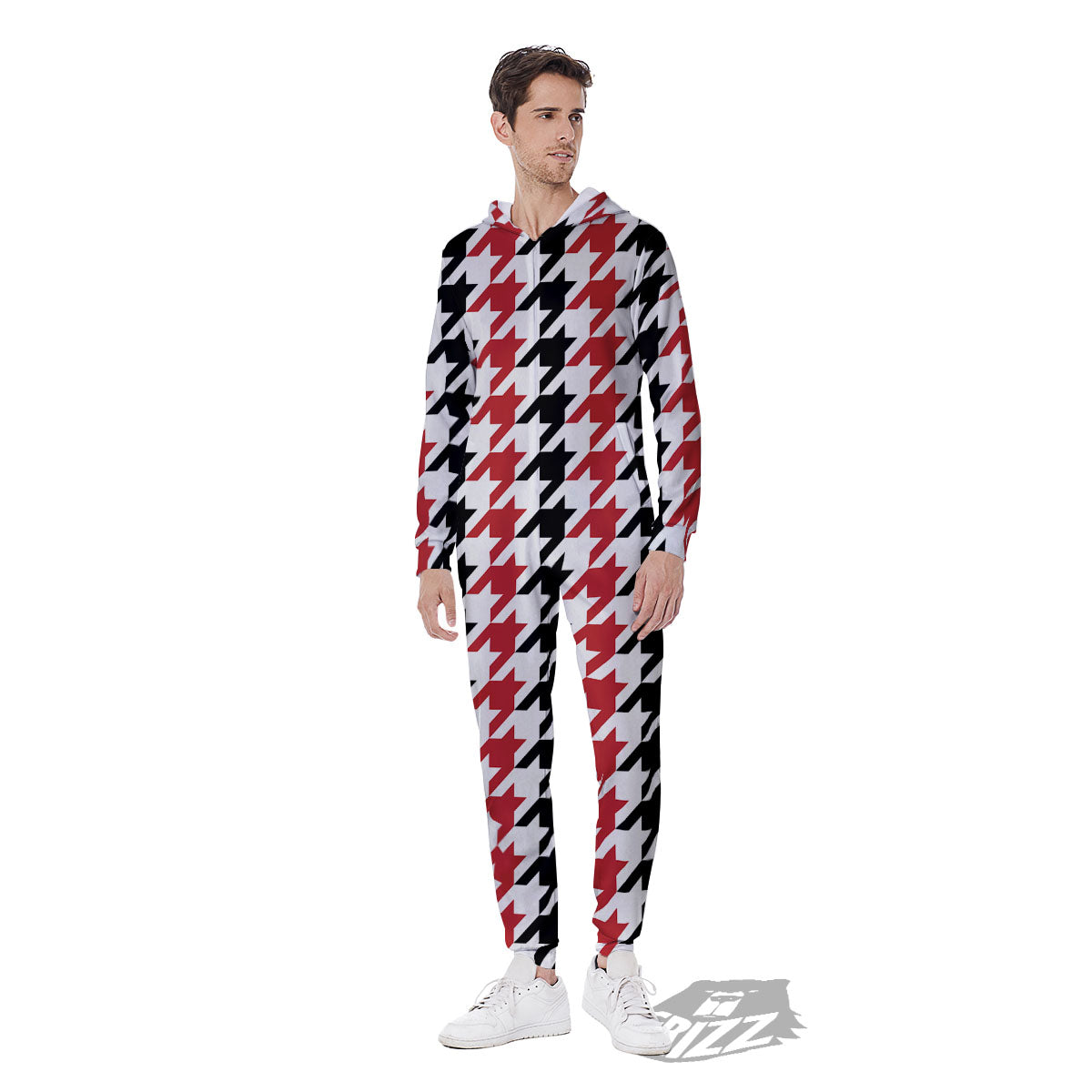 Houndstooth Black And Red Print Pattern Men's Jumpsuit-grizzshop
