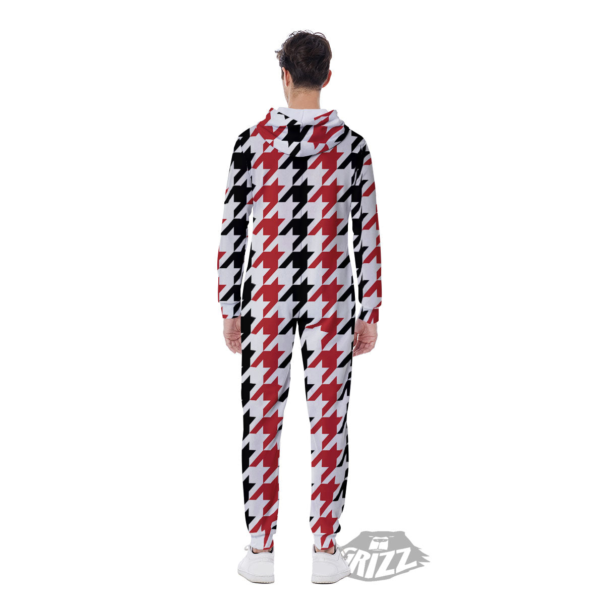 Houndstooth Black And Red Print Pattern Men's Jumpsuit-grizzshop