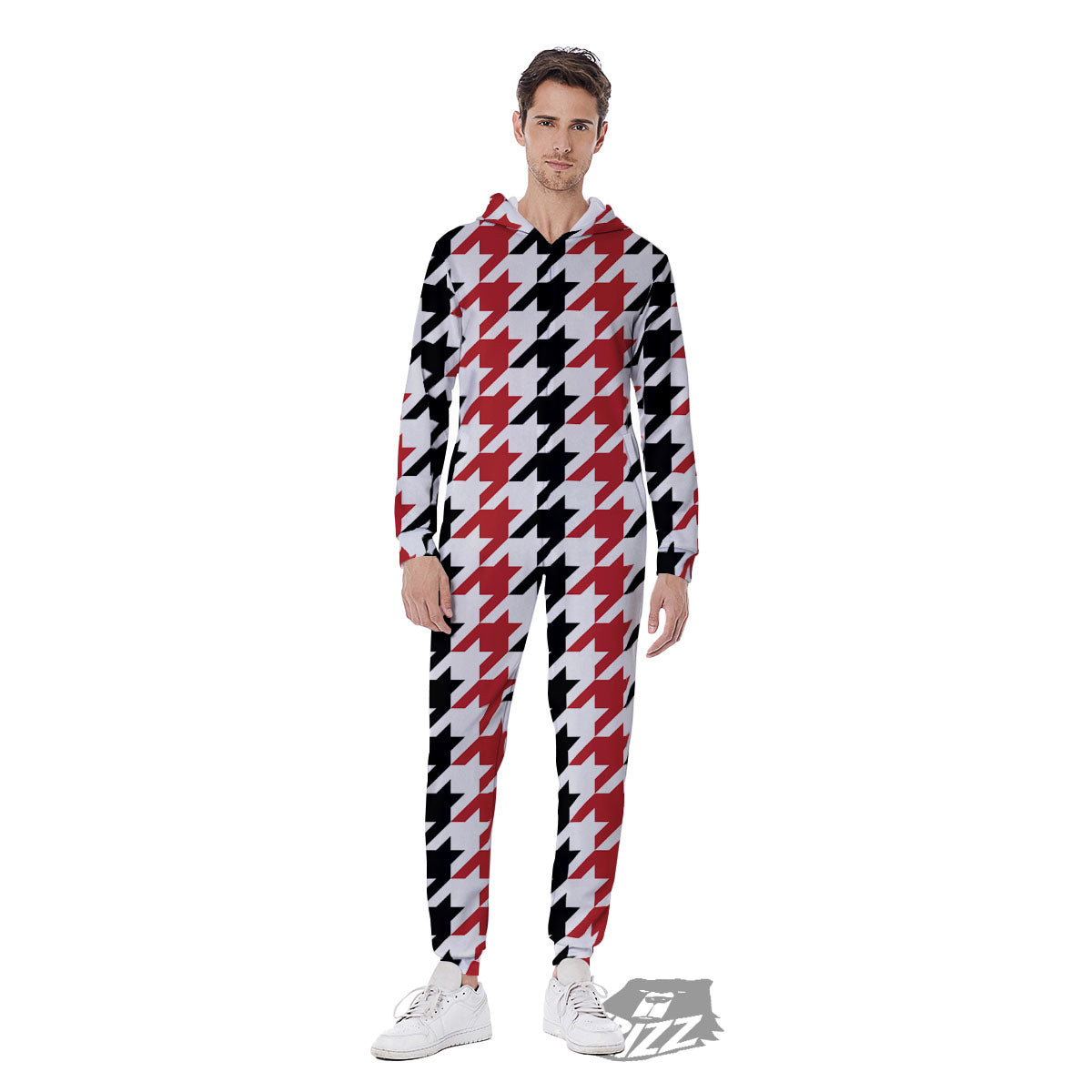 Houndstooth Black And Red Print Pattern Men's Jumpsuit-grizzshop