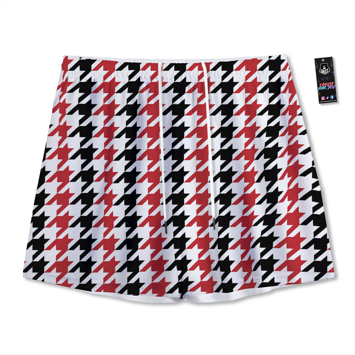 Houndstooth Black And Red Print Pattern Mesh Shorts