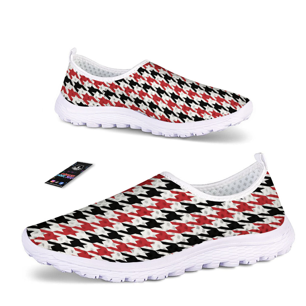 Houndstooth Black And Red Print Pattern Nurse Shoes-grizzshop