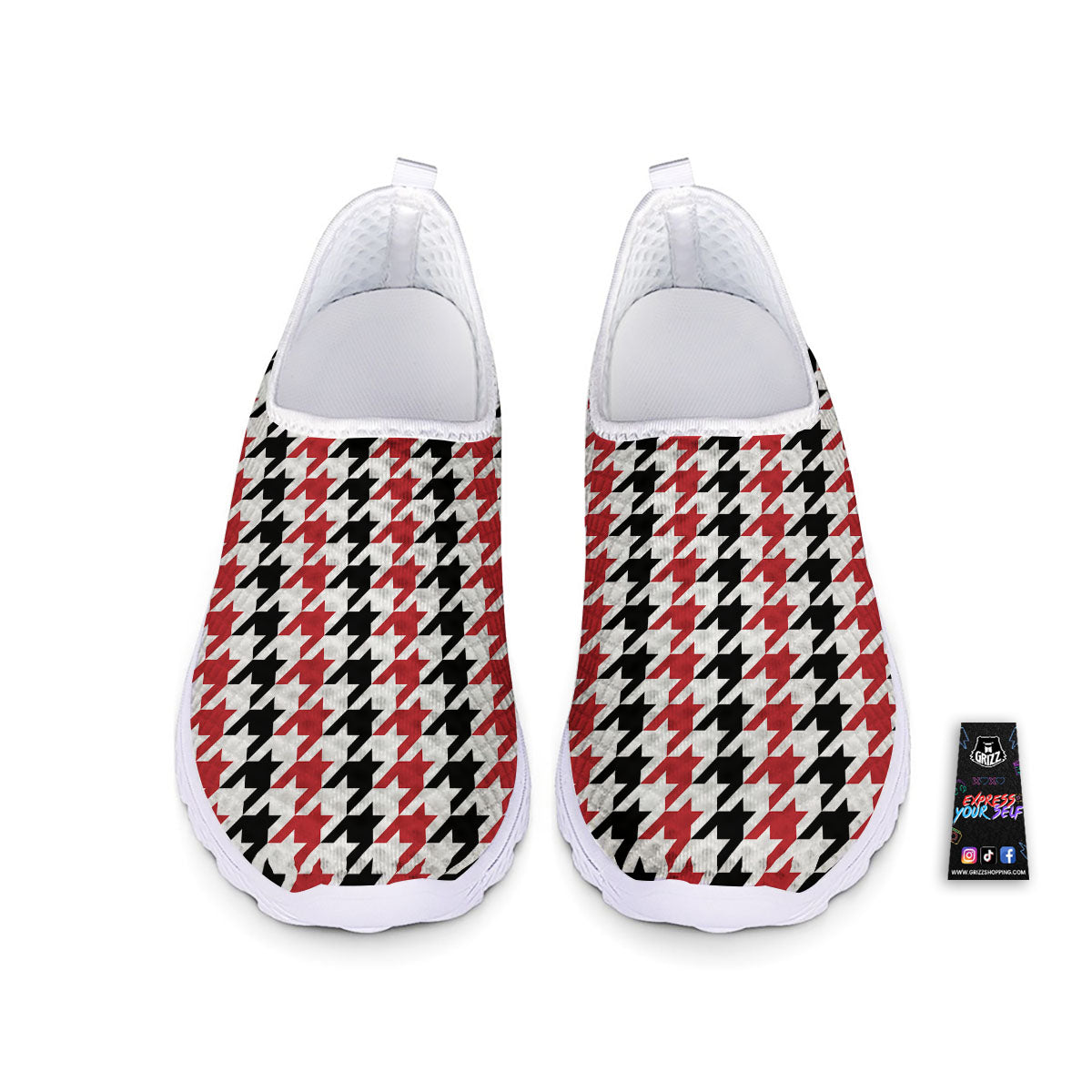 Houndstooth Black And Red Print Pattern Nurse Shoes-grizzshop