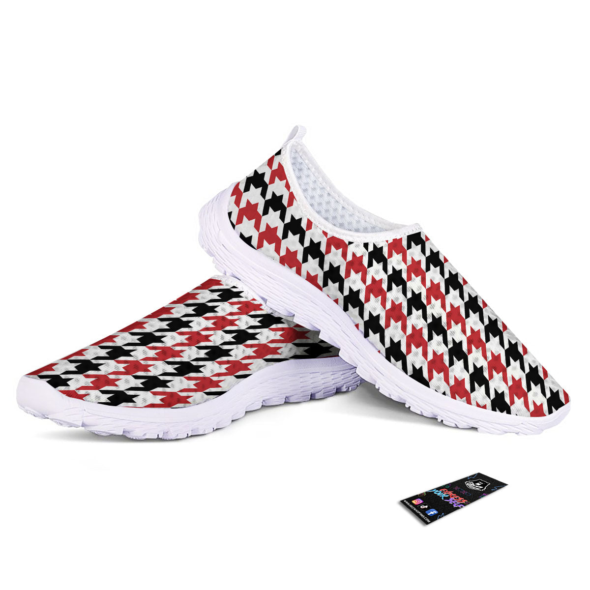 Houndstooth Black And Red Print Pattern Nurse Shoes-grizzshop