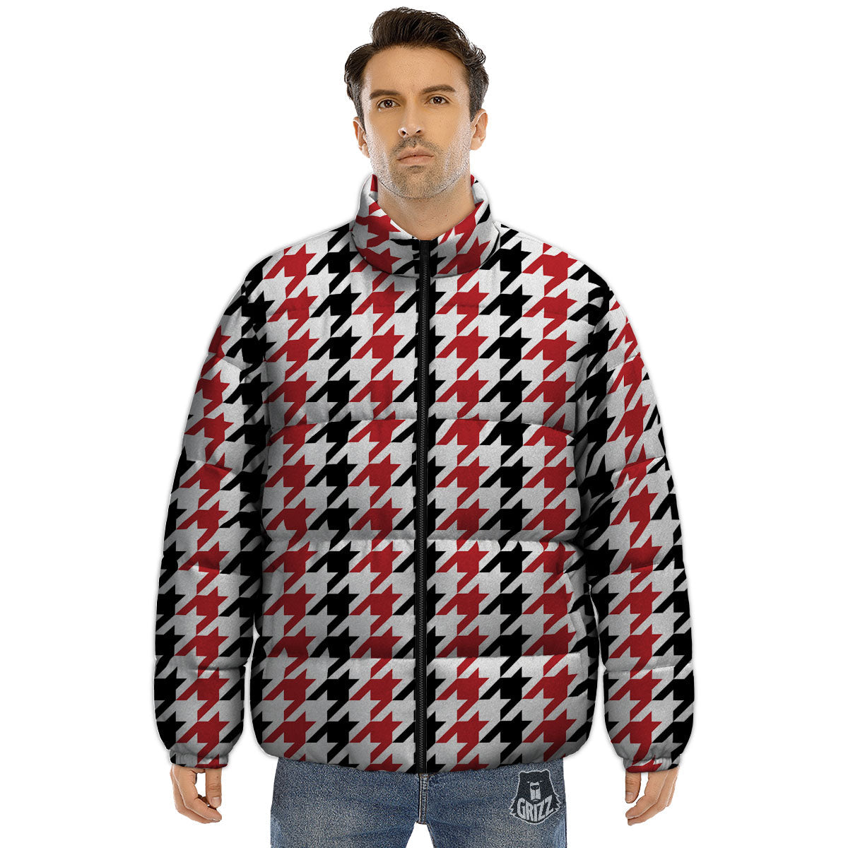 Houndstooth Black And Red Print Pattern Puffer Jacket-grizzshop