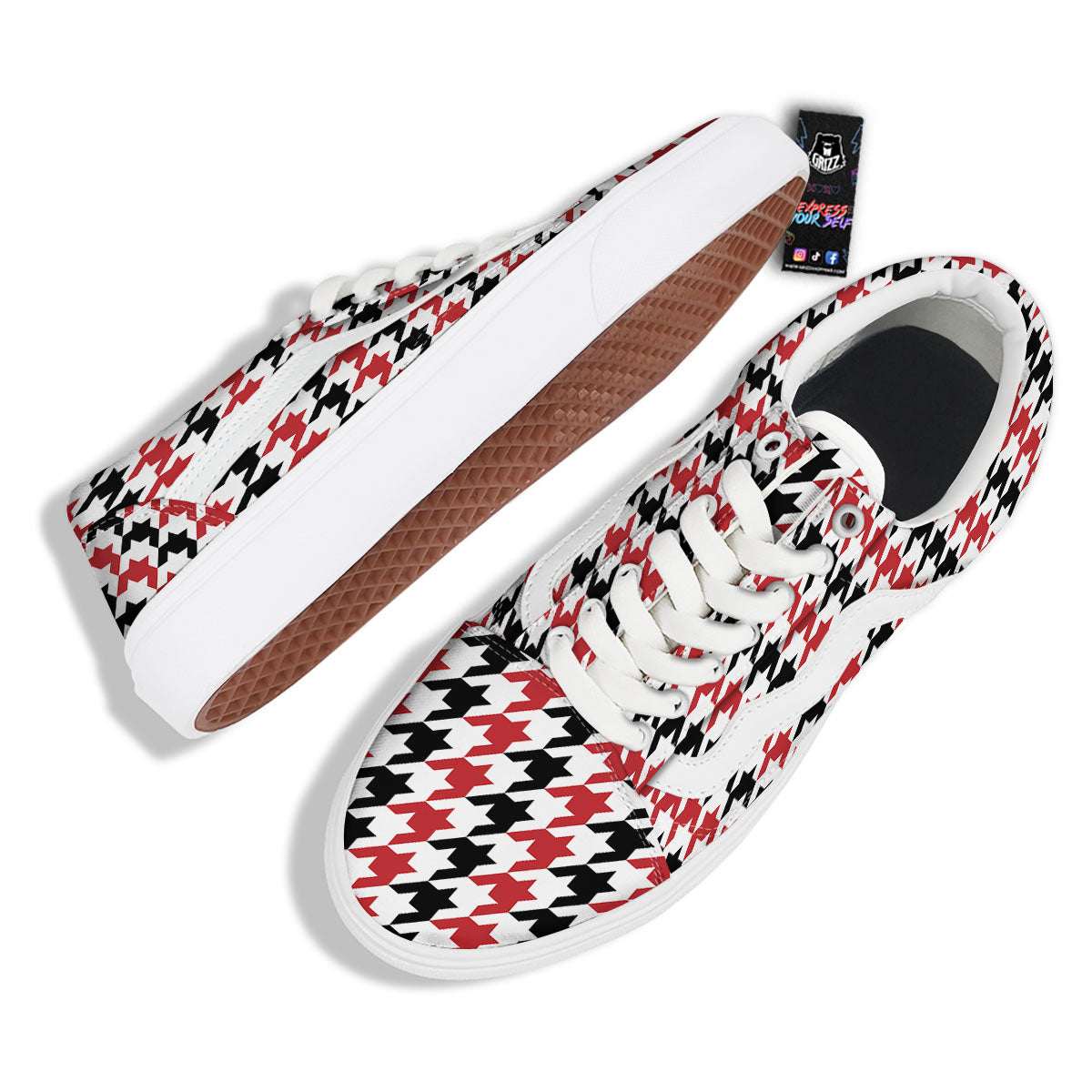 Houndstooth Black And Red Print Pattern Skate Shoes-grizzshop