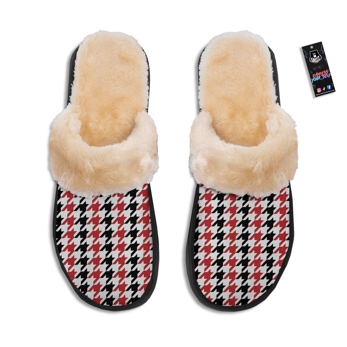 Houndstooth Black And Red Print Pattern Slippers-grizzshop