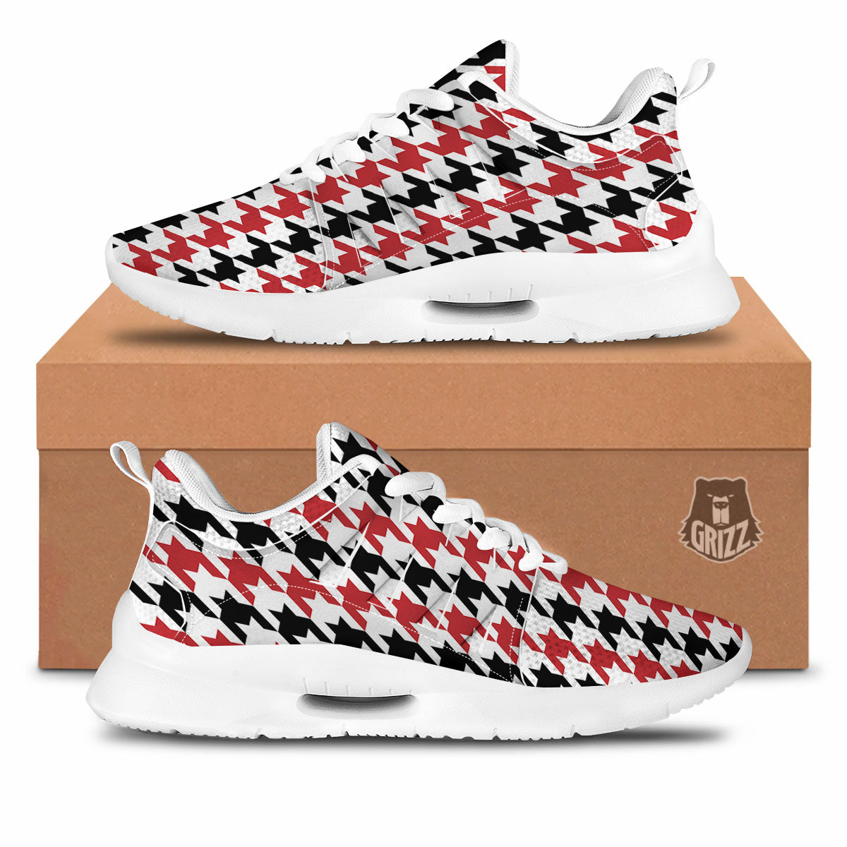 Houndstooth Black And Red Print Pattern Tennis Shoes-grizzshop