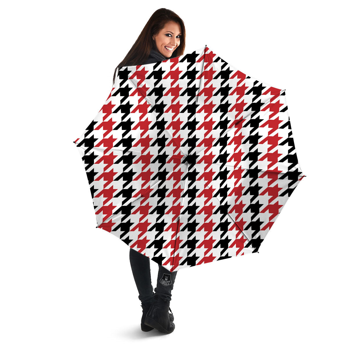 Houndstooth Black And Red Print Pattern Umbrella-grizzshop