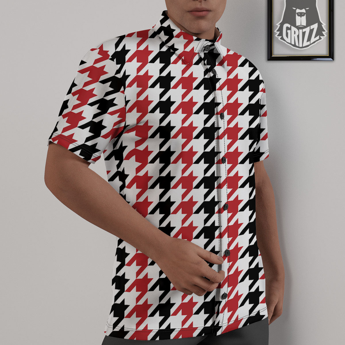 Houndstooth Black And Red Print Pattern Untucked Shirts-grizzshop