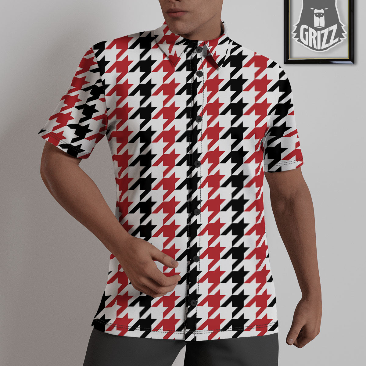 Houndstooth Black And Red Print Pattern Untucked Shirts-grizzshop
