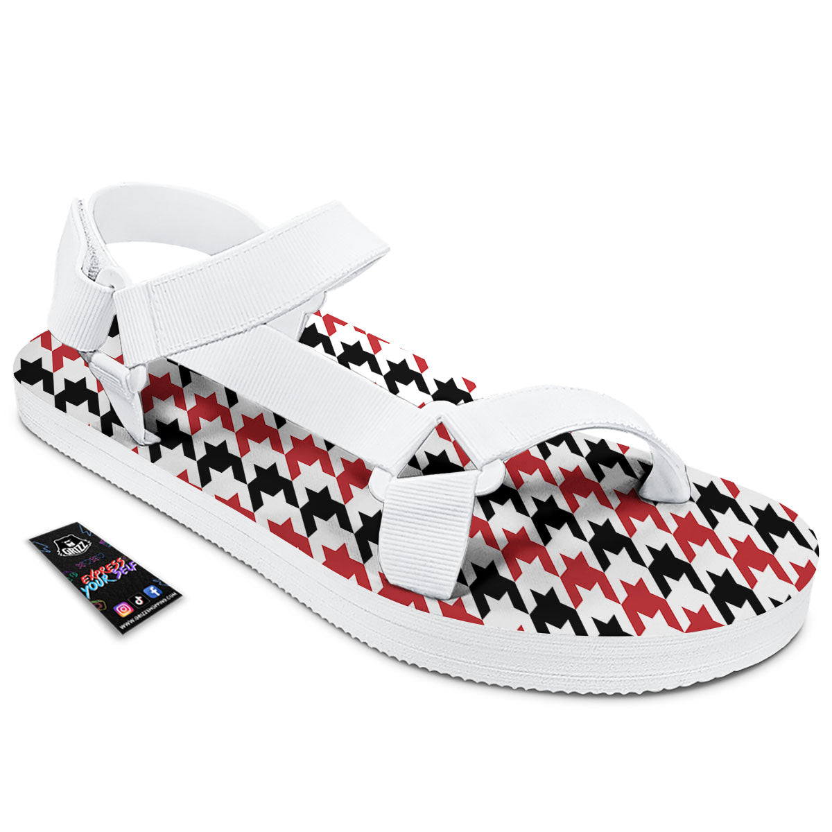 Houndstooth Black And Red Print Pattern White Open Toe Sandals-grizzshop