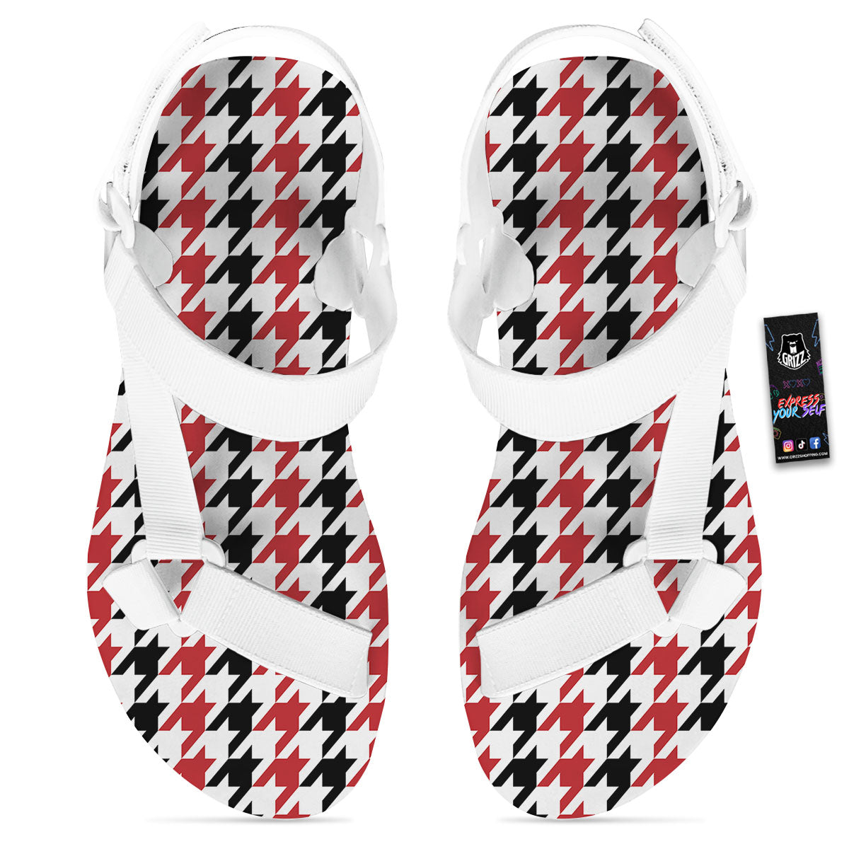 Houndstooth Black And Red Print Pattern White Open Toe Sandals-grizzshop