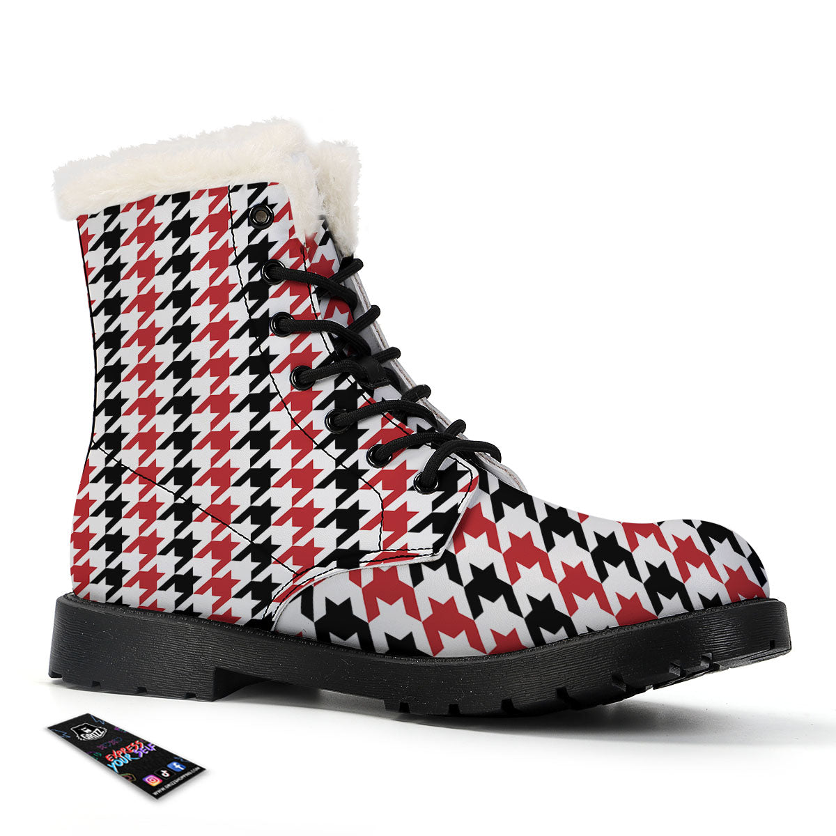 Houndstooth Black And Red Print Pattern Winter Boots-grizzshop