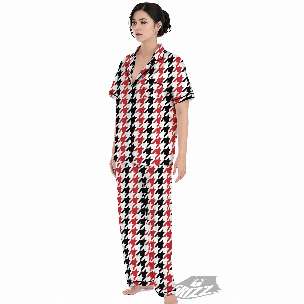 Houndstooth Black And Red Print Pattern Women's Pajamas Set-grizzshop