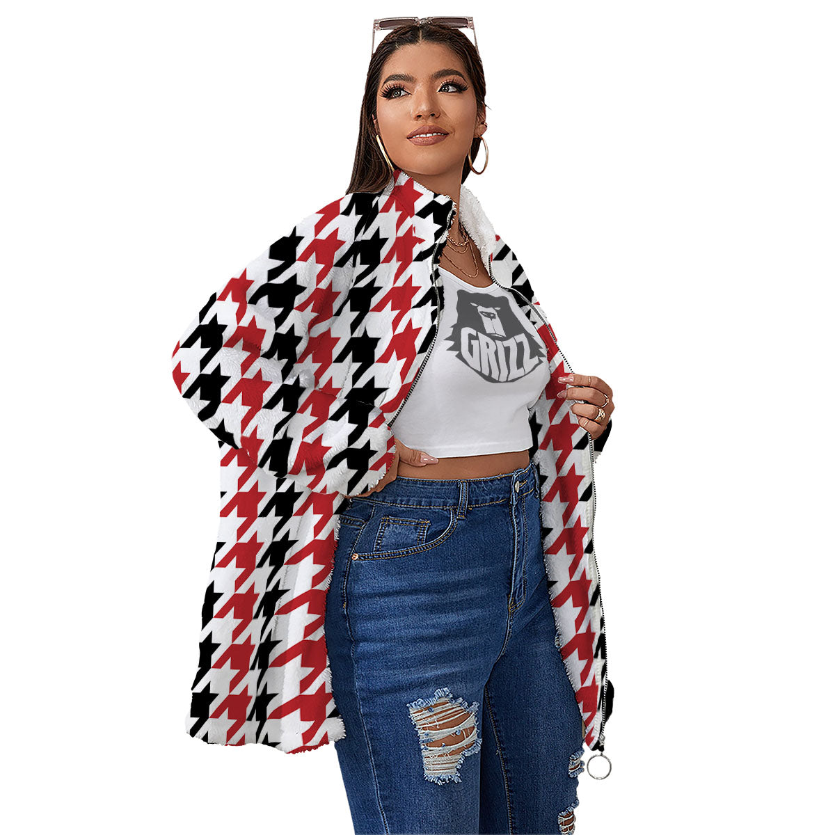 Houndstooth Black And Red Print Pattern Women's Sherpa Jacket-grizzshop