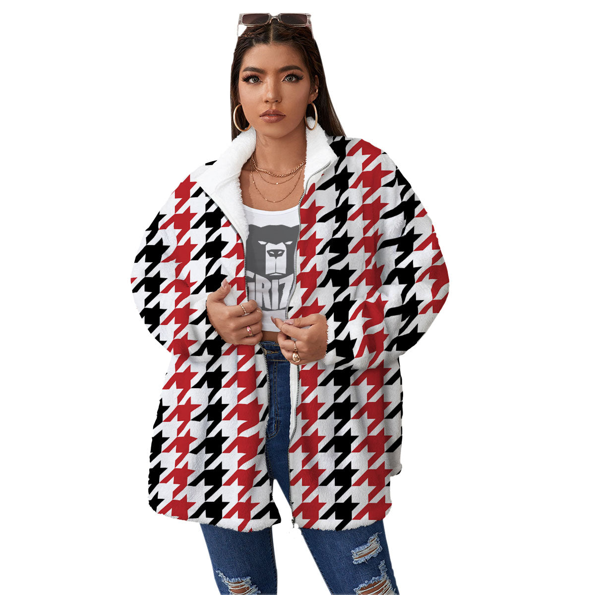 Houndstooth Black And Red Print Pattern Women's Sherpa Jacket-grizzshop