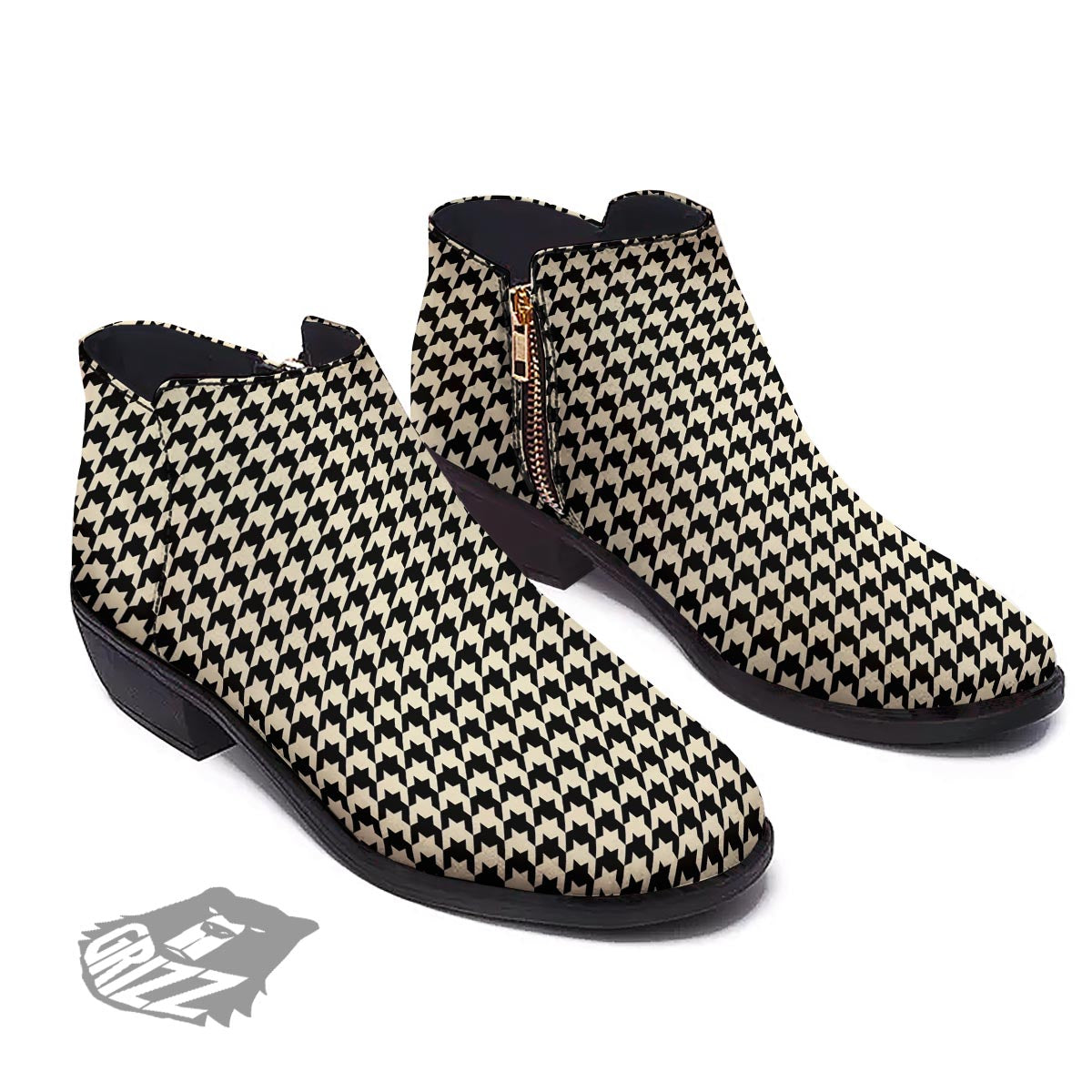 Houndstooth Black And Tan Print Pattern Ankle Boots-grizzshop