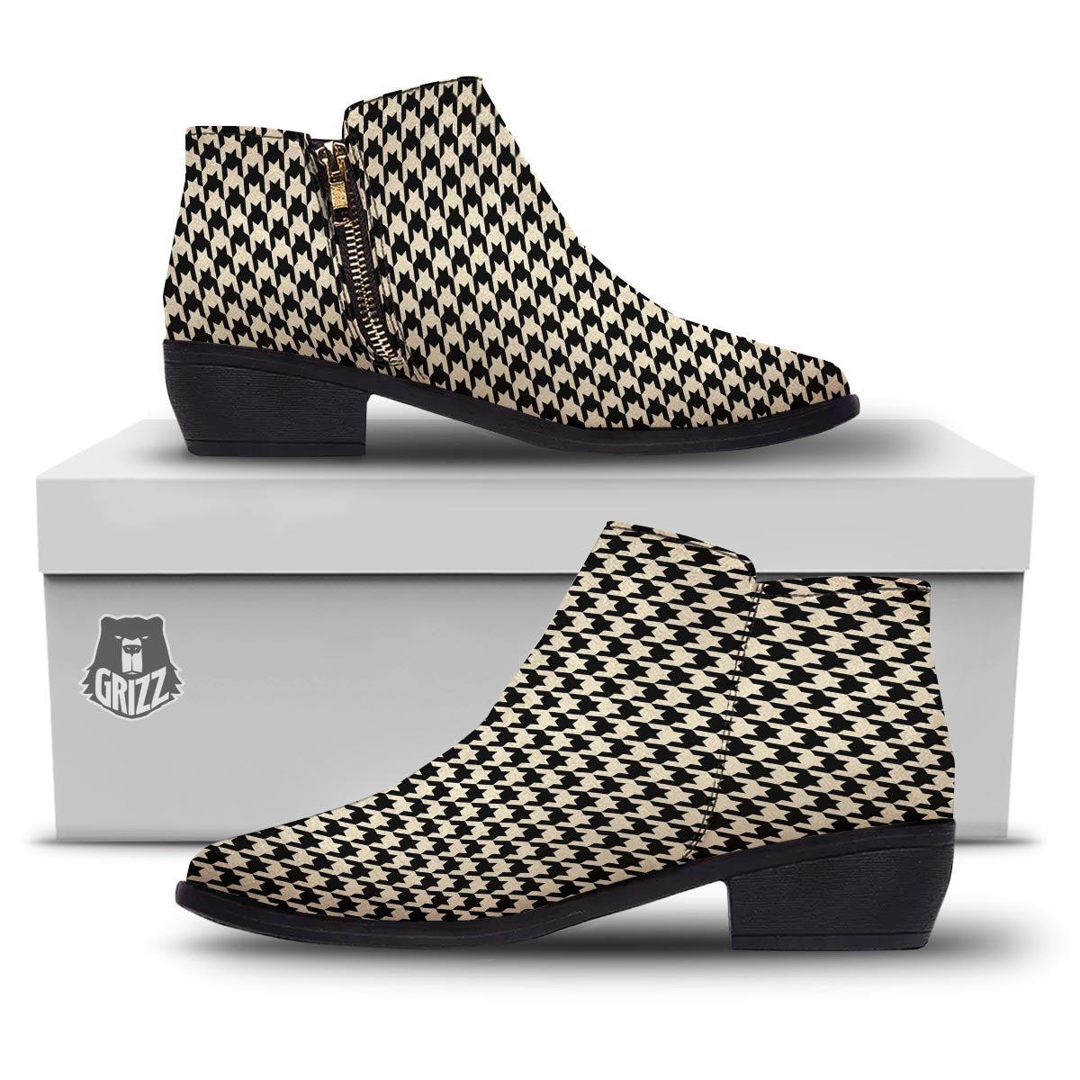 Houndstooth Black And Tan Print Pattern Ankle Boots-grizzshop