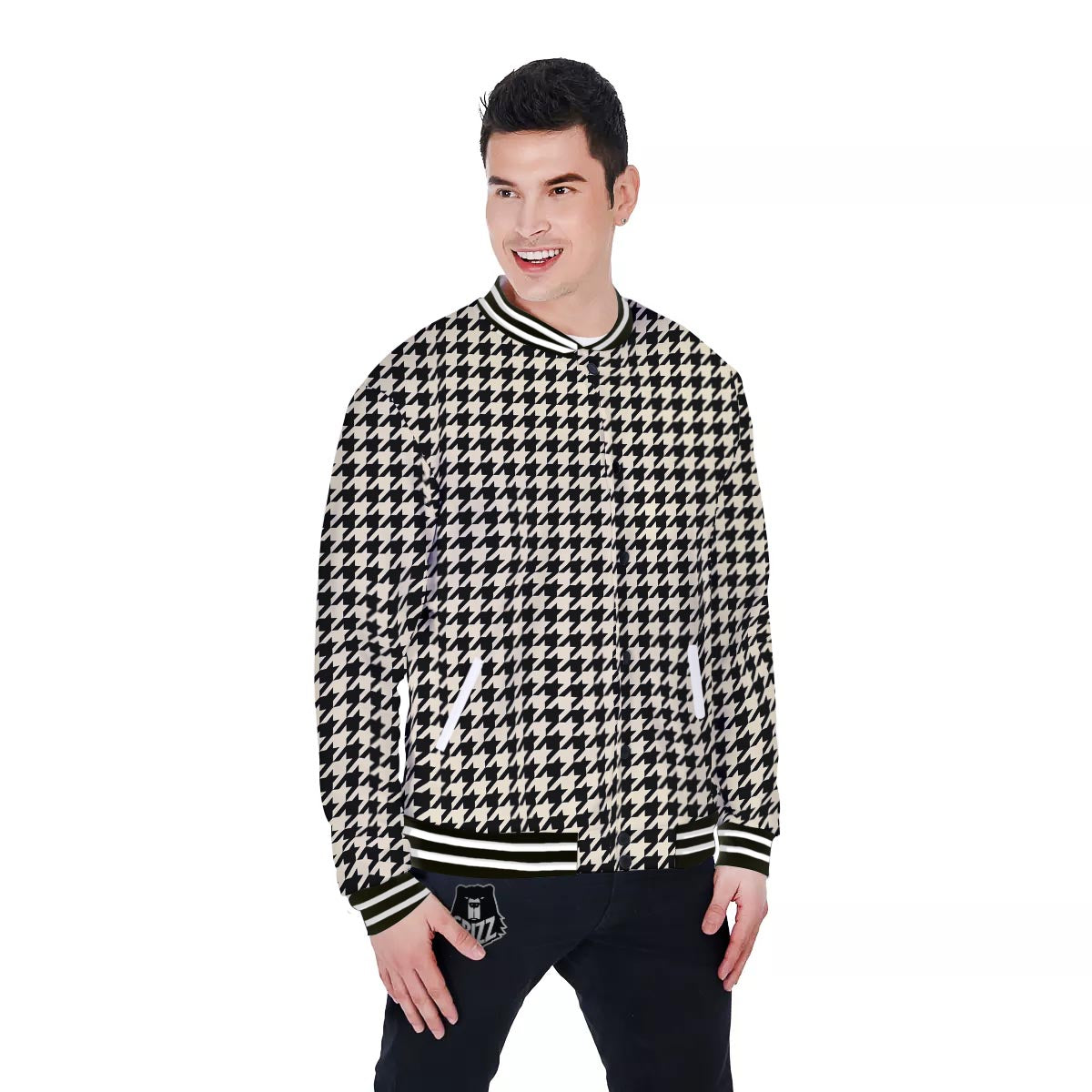Houndstooth Black And Tan Print Pattern Baseball Jacket-grizzshop