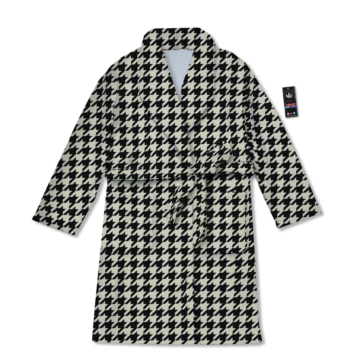 Houndstooth Black And Tan Print Pattern Bathrobe-grizzshop
