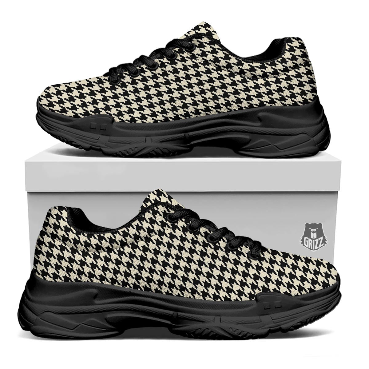 Houndstooth Black And Tan Print Pattern Black Chunky Shoes-grizzshop