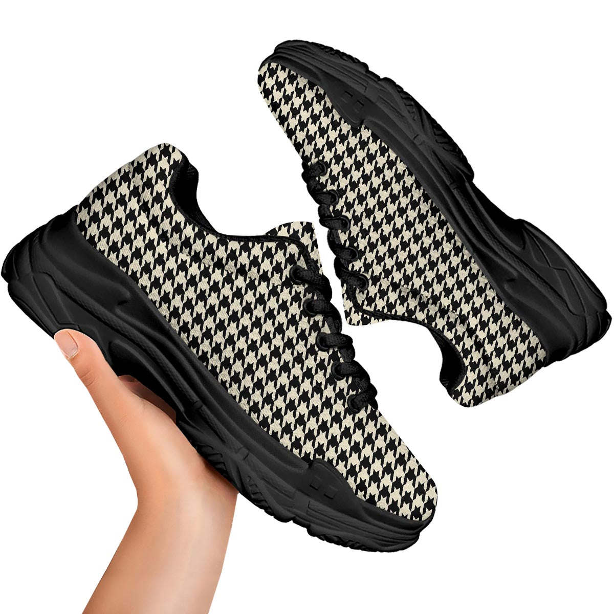 Houndstooth Black And Tan Print Pattern Black Chunky Shoes-grizzshop