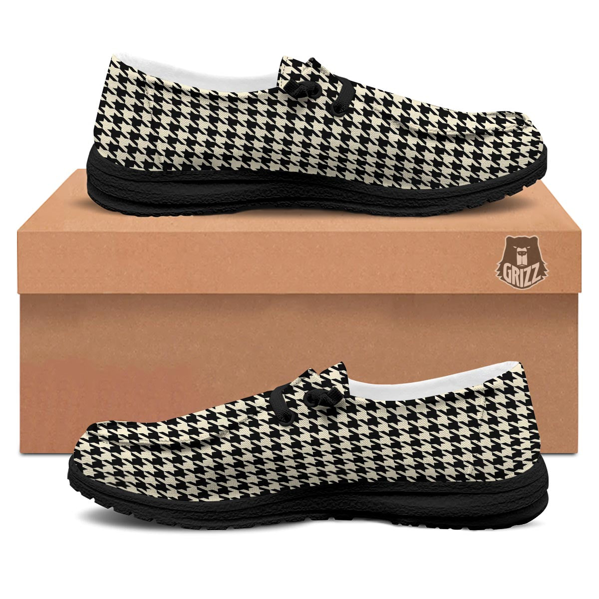 Houndstooth Black And Tan Print Pattern Black Loafers-grizzshop