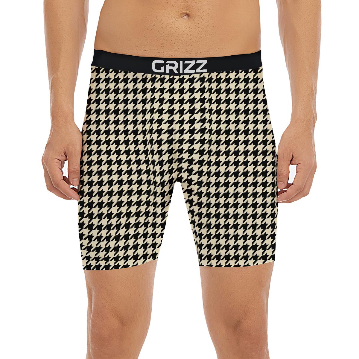 Houndstooth Black And Tan Print Pattern Boxer Briefs-grizzshop