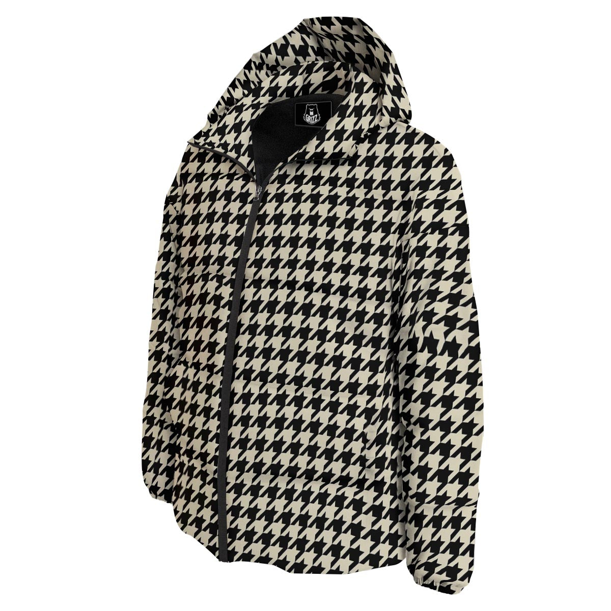 Houndstooth Black And Tan Print Pattern Down Jacket-grizzshop