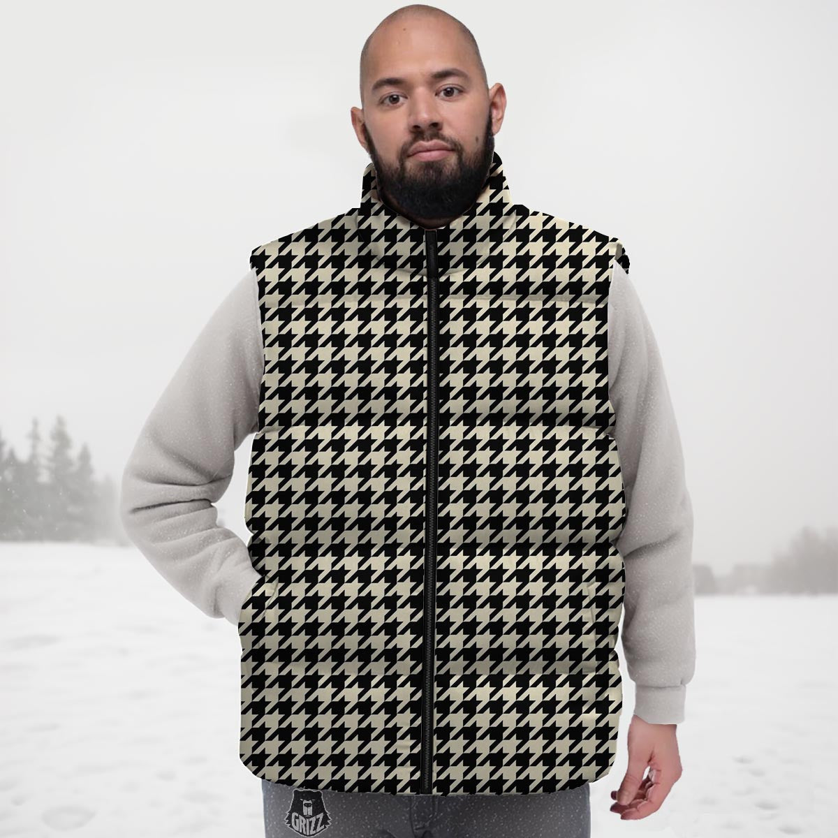 Houndstooth Black And Tan Print Pattern Down Vest