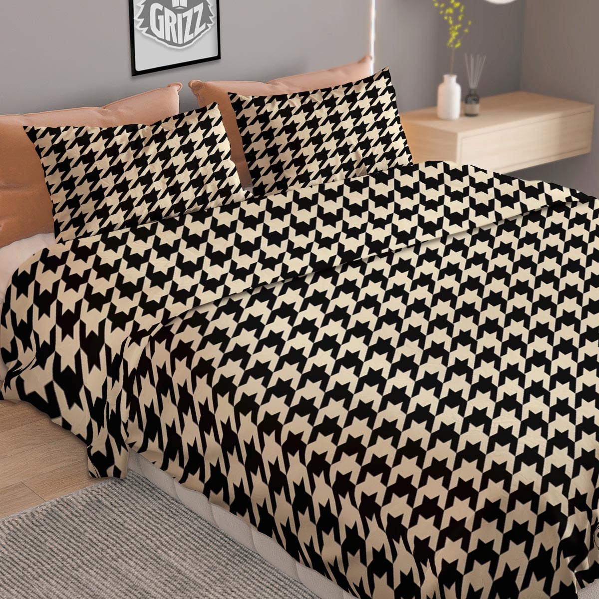 Houndstooth Black And Tan Print Pattern Duvet Cover Bedding Set