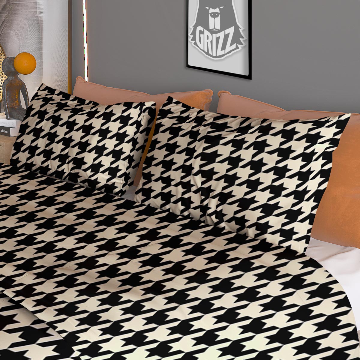 Houndstooth Black And Tan Print Pattern Duvet Cover Bedding Set