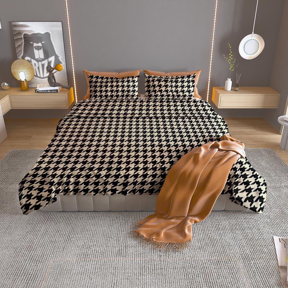 Houndstooth Black And Tan Print Pattern Duvet Cover Bedding Set