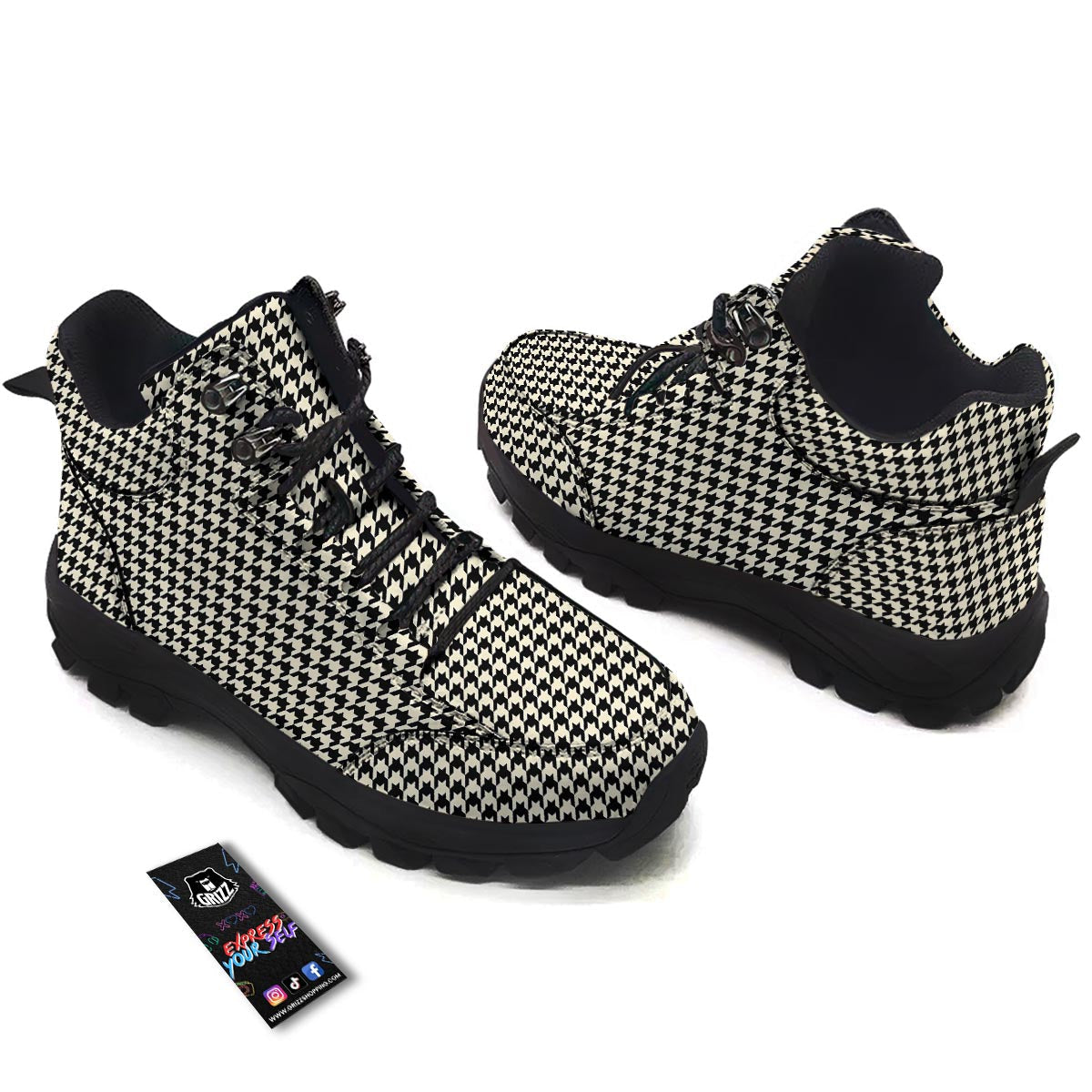Houndstooth Black And Tan Print Pattern Hiking Shoes-grizzshop