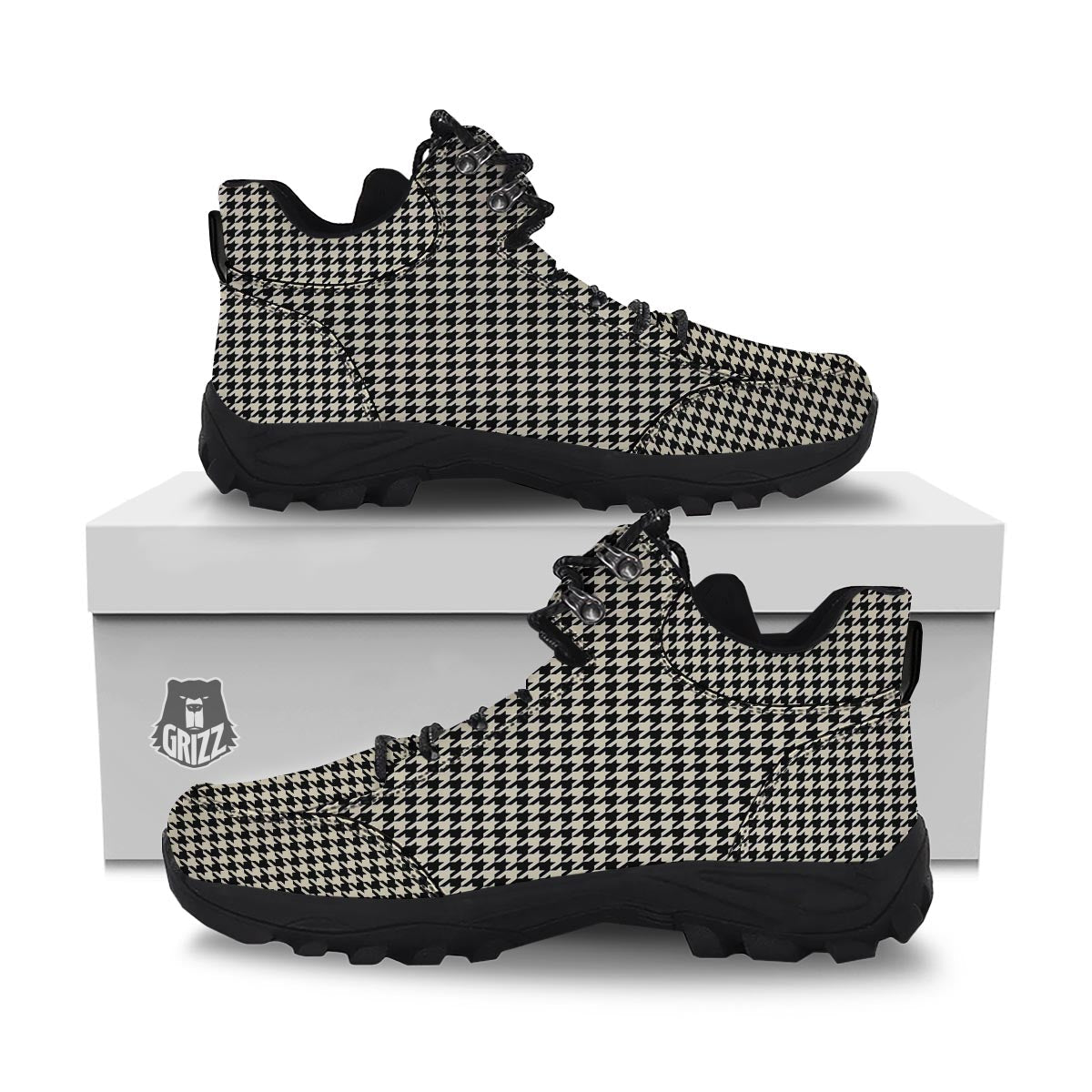 Houndstooth Black And Tan Print Pattern Hiking Shoes-grizzshop