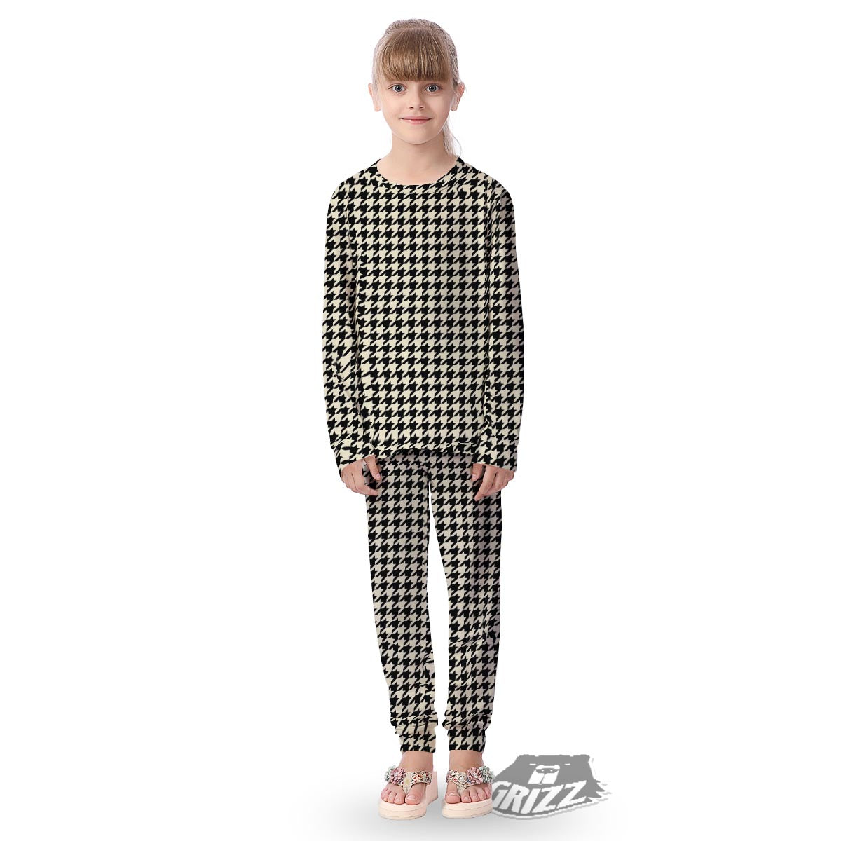 Houndstooth Black And Tan Print Pattern Kid's Pajamas-grizzshop